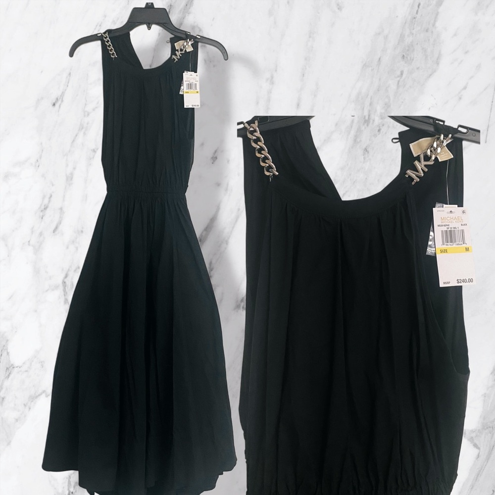 MICHAEL Michael Kors Black Long Dress with Silver Chain Accents, New with Tags